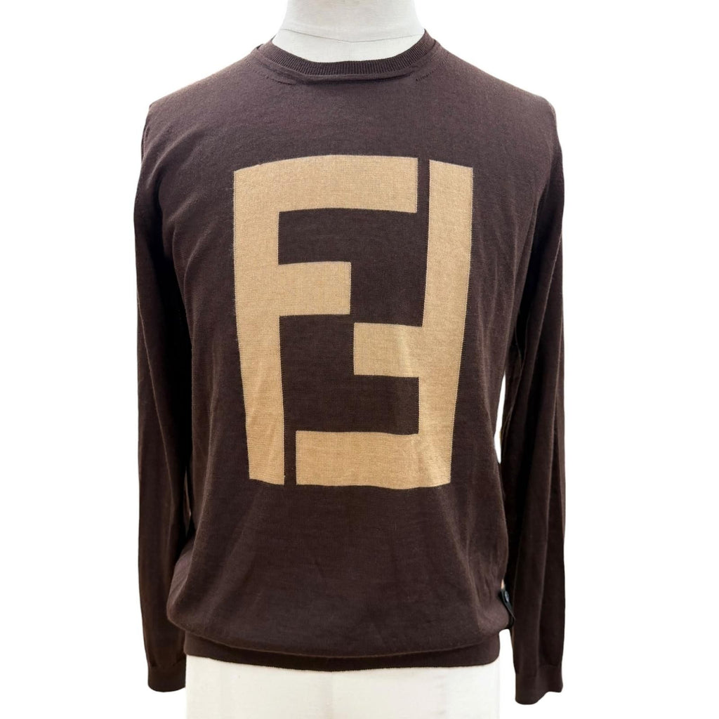 Fendi Cashmere Silk FF Logo Crew Neck High Gauge Knit Sweater Brown 44