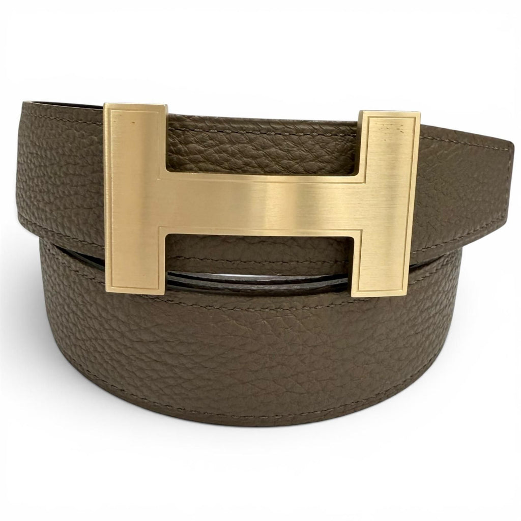 Hermes Constance Box Calf Togo Gold Logo Buckle Reversible Belt Khaki Black