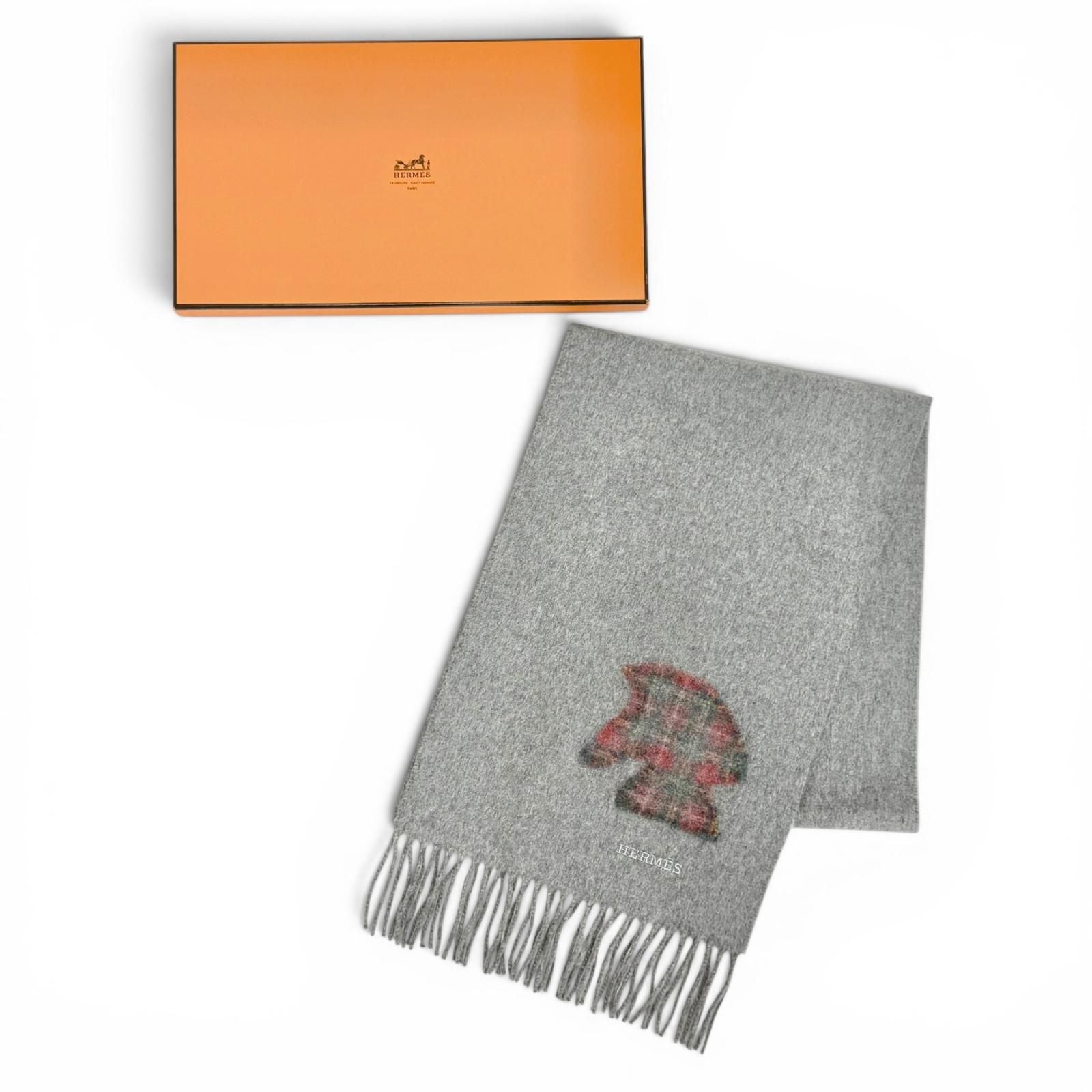 Hermes Highlands Cashmere Tartan Check Horse Motif Logo Embroidery Fringe Scarf — view 2