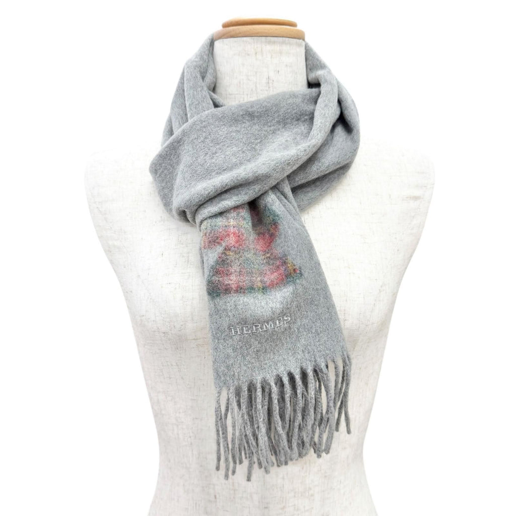 Hermes Highlands Cashmere Tartan Check Horse Motif Logo Embroidery Fringe Scarf — view 3