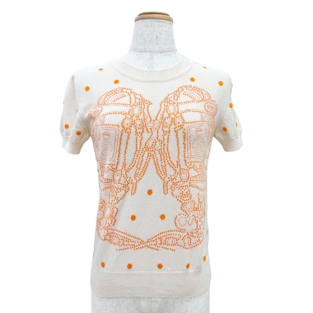 Hermes Cashmere Brides de Gala Dot Pattern Short Sleeve Knit Beige Orange 36