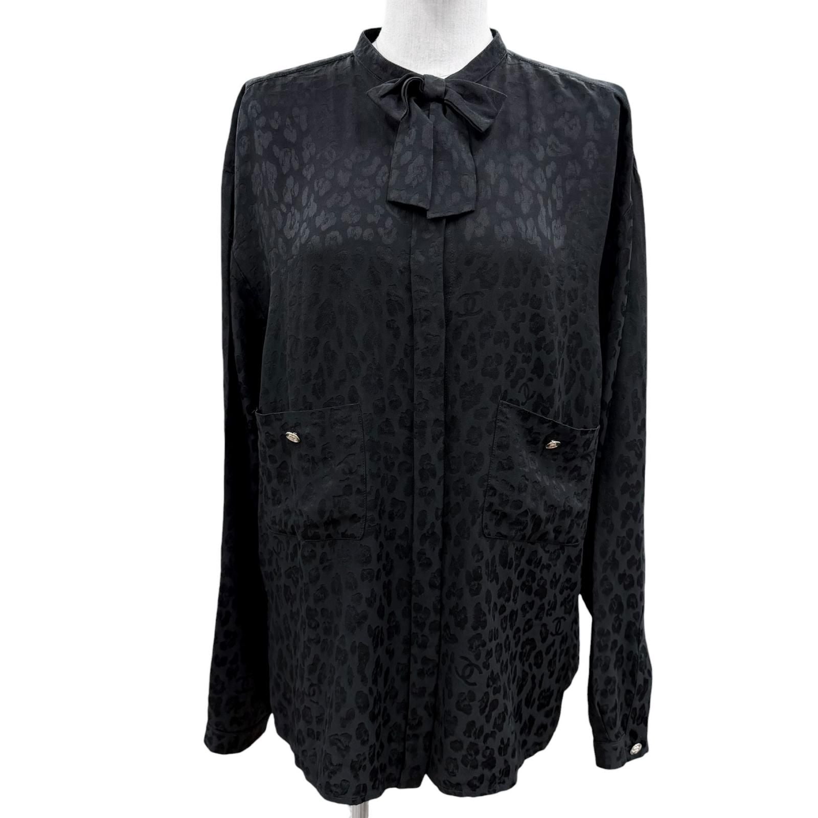 Chanel Silk 100% CC Logo Pattern with Button Long Sleeve Shirt Blouse Black 40