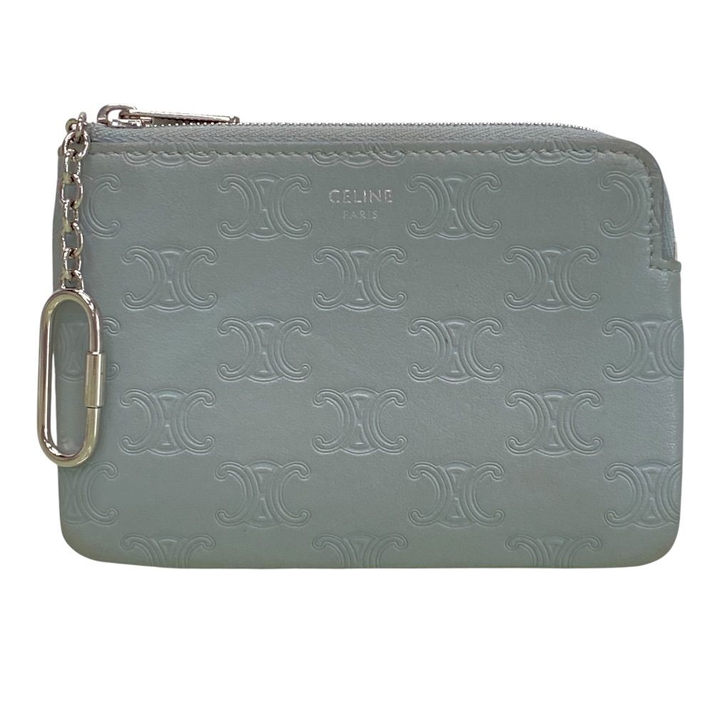 Celine Triomphe Key Ring Coin Case Card Leather Light Blue Compact Capacity