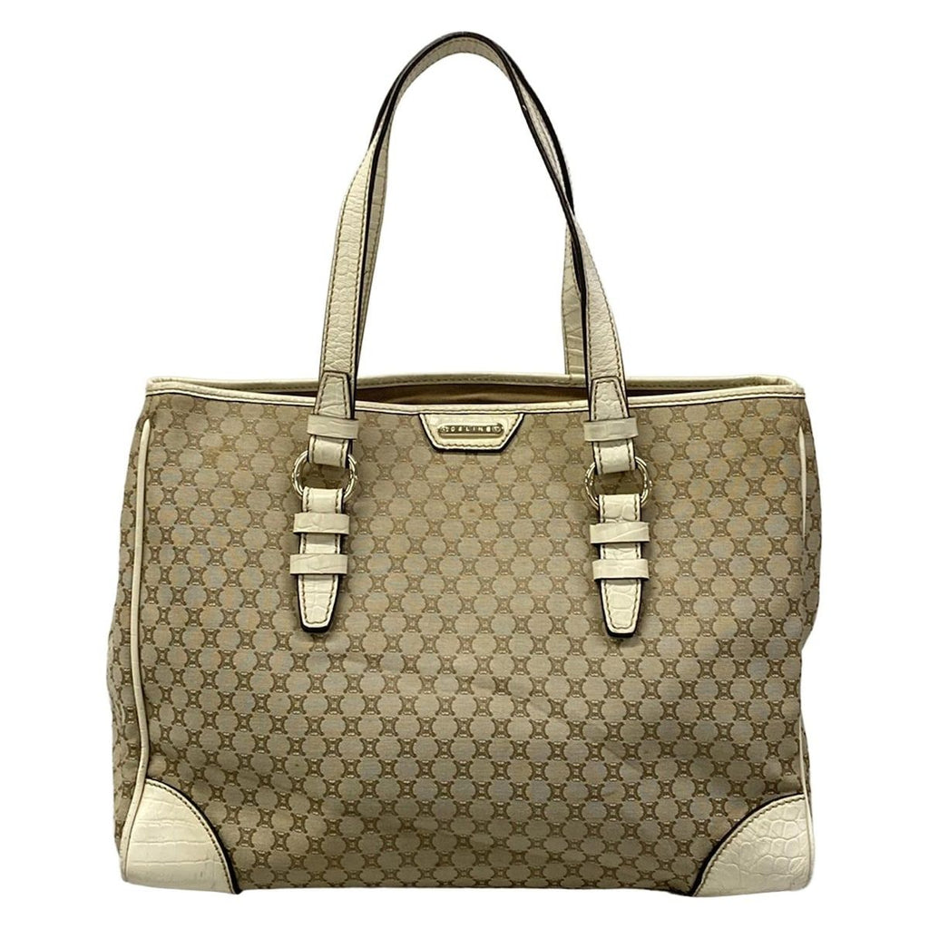 Celine Tote Macadam Pattern Gray Beige Ivory Embossed Leather