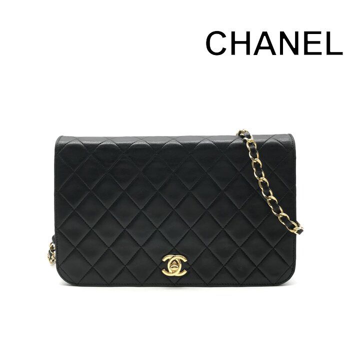 Chanel CC Logo Chain Shoulder Bag Turnlock Full Flap Lambskin Black
