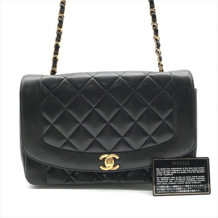Chanel CC Logo Diana Quilted Lambskin Chain Shoulder Bag Crossbody Black