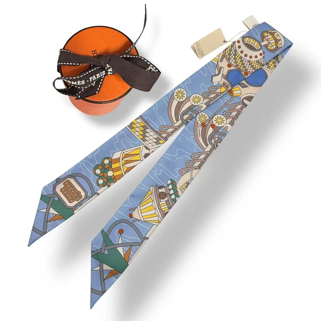 Hermes Twilly Scarf Silk Bandana All Over Pattern Logo Blue