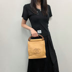 Chanel CC Logo Perforated Wood Handle Handbag Leather Yellow Brown Gold Vintage