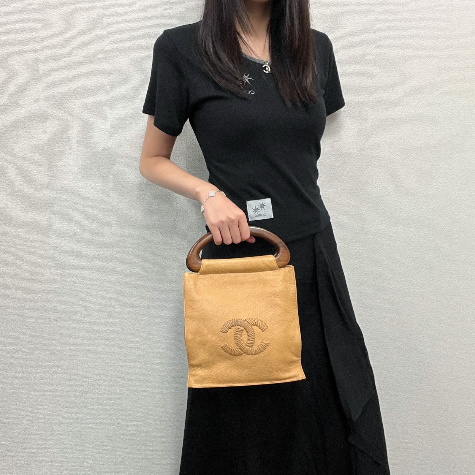 Chanel CC Logo Perforated Wood Handle Handbag Leather Yellow Brown Gold Vintage