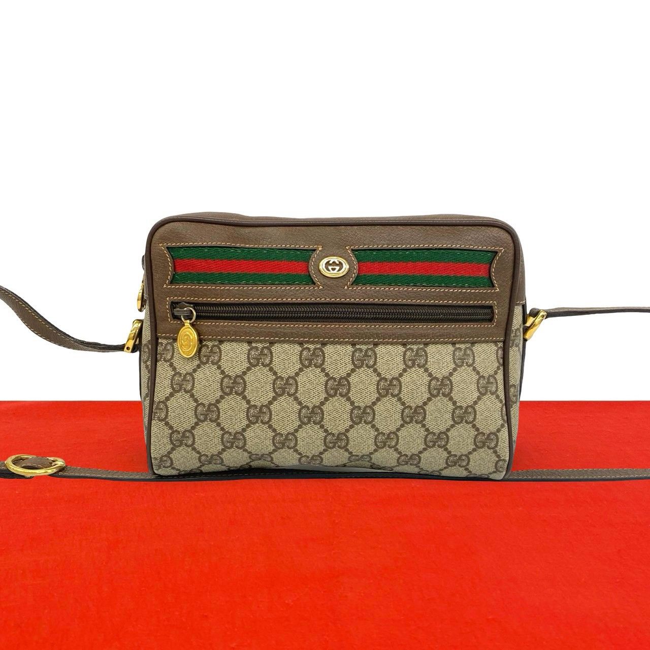 Gucci Vintage Sherry Line GG Logo Leather Shoulder Bag Brown