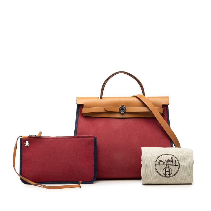 Hermes Herbag Zip PM 2-Way Shoulder Bag Red Navy Canvas Leather — view 9