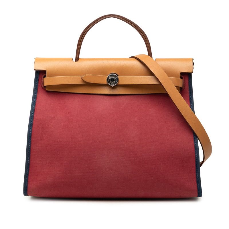 Hermes Herbag Zip PM 2-Way Shoulder Bag Red Navy Canvas Leather