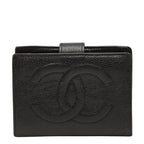 Chanel CC Logo Bifold Wallet Kiss Lock Coin Purse Black Caviar Leather