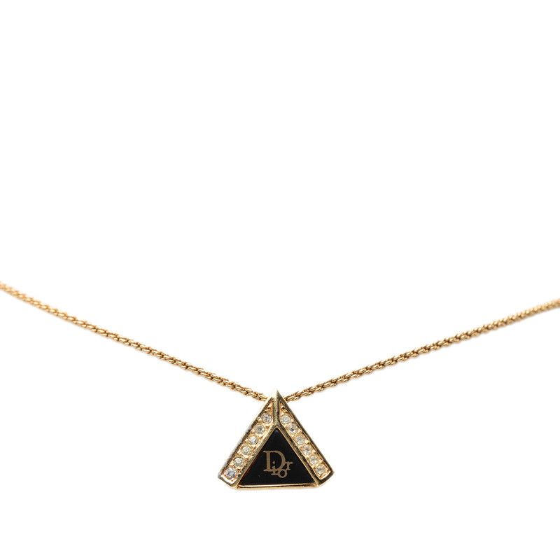 Dior Logo Triangle Motif Necklace Gold Black Plated Rhinestone