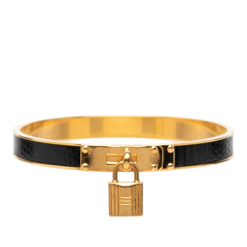 Hermes Kelly Bangle Cadena Motif Gold Black Plated Leather Bracelet