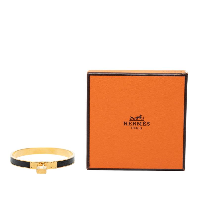 Hermes Kelly Bangle Cadena Motif Gold Black Plated Leather Bracelet — view 6