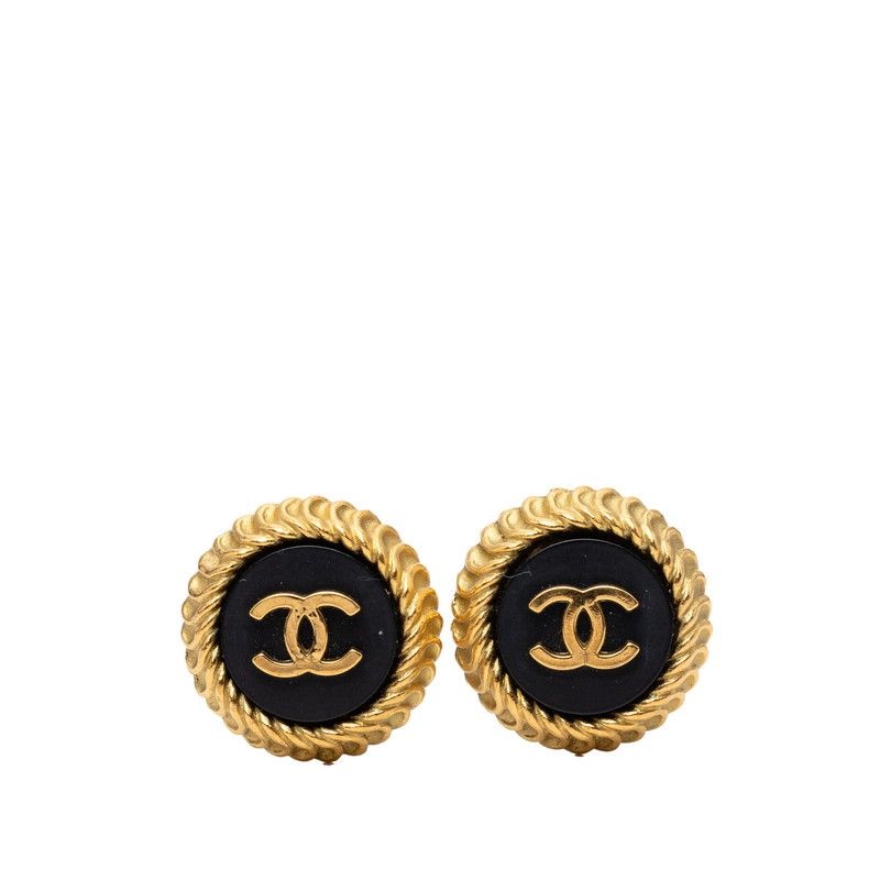 Chanel CC Logo Vintage Earrings Black Gold Plated