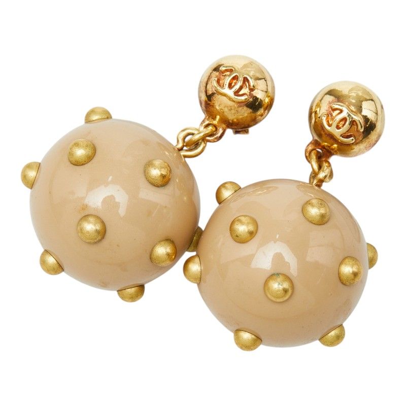 Chanel CC Logo Ball Swing Stud Earrings 00 Beige Gold Plated Plastic — view 2