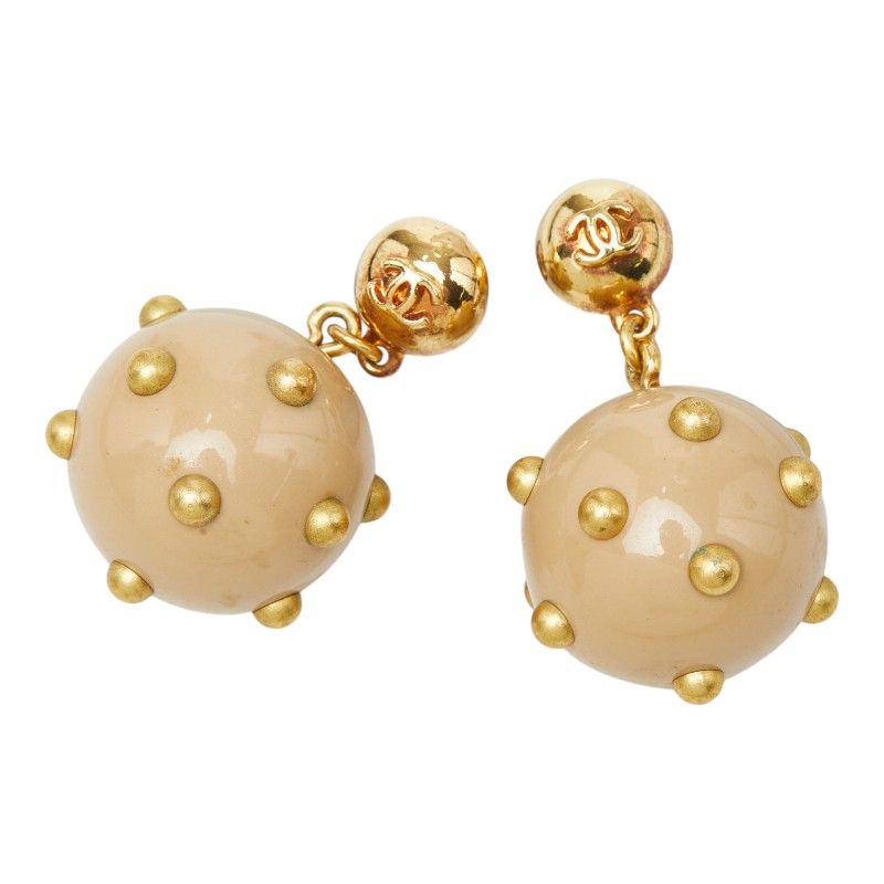Chanel CC Logo Ball Swing Stud Earrings 00 Beige Gold Plated Plastic