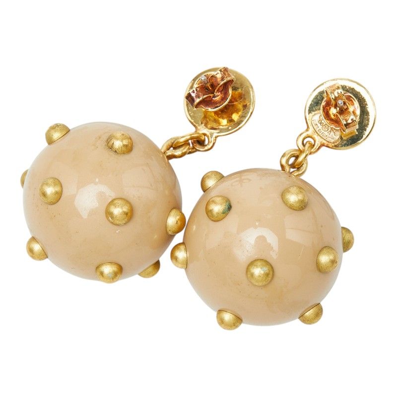 Chanel CC Logo Ball Swing Stud Earrings 00 Beige Gold Plated Plastic — view 3