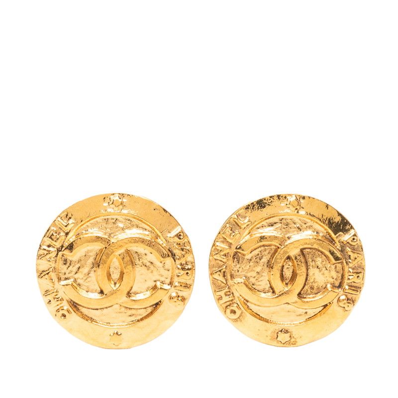 Chanel CC Logo Vintage Earrings Round 28 Gold Plated