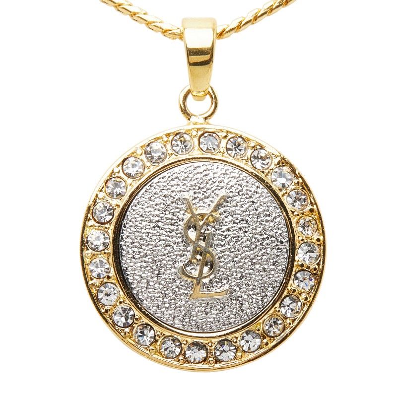 Saint Laurent YSL Logo Round Chain Pendant Gold Silver Plated Rhineston — view 2