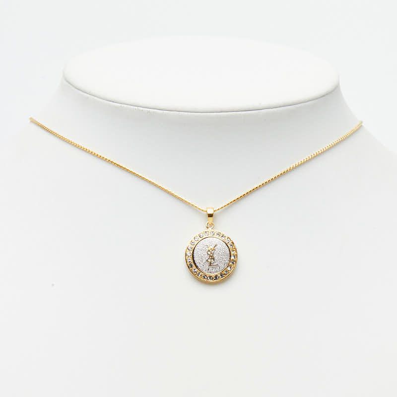 Saint Laurent YSL Logo Round Chain Pendant Gold Silver Plated Rhineston — view 7