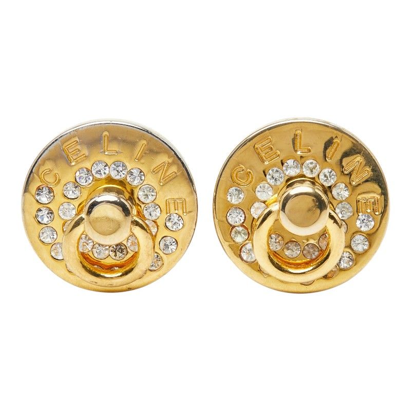 Celine Logo Round Earrings Gold Plated Rhinestone — view 2