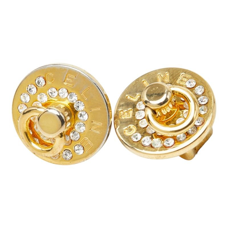 Celine Logo Round Earrings Gold Plated Rhinestone