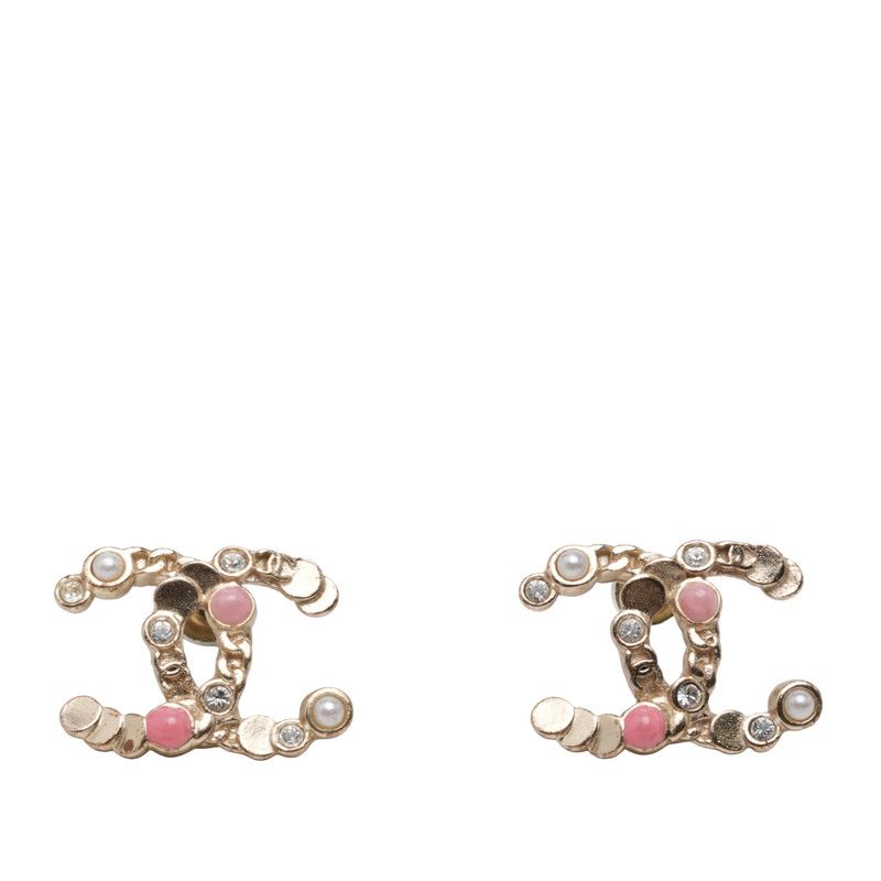 Chanel Vintage CC Logo Earrings Gold Pink Plated Faux Pearl Rhinestone