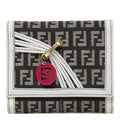 Fendi Zucchino Logo Charm Trifold Wallet White Brown Canvas Leather