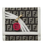 Fendi Zucchino Logo Charm Trifold Wallet White Brown Canvas Leather