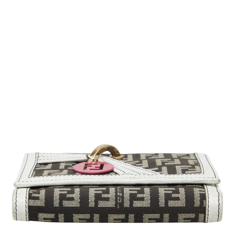 Fendi Zucchino Logo Charm Trifold Wallet White Brown Canvas Leather — view 3