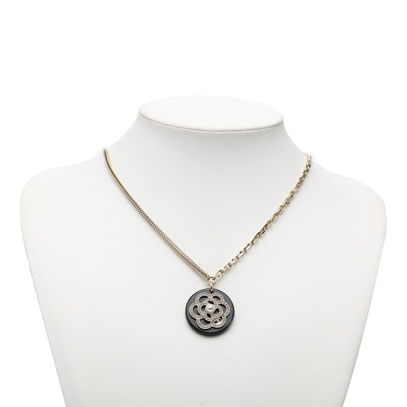 Chanel Camellia CC Logo Chain Necklace Gold Black Plated Faux Pearl Rhinestone — view 7
