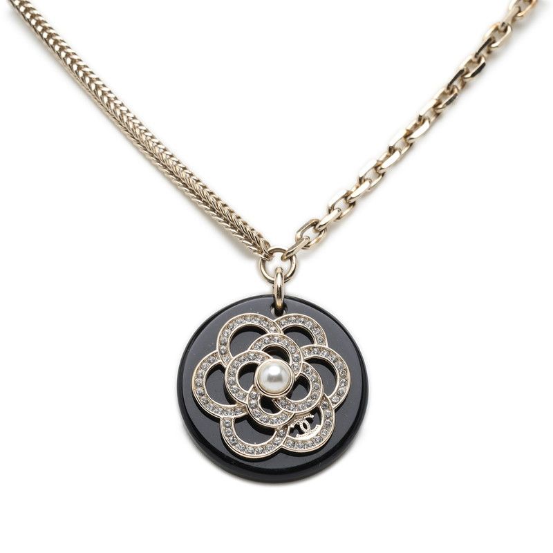 Chanel Camellia CC Logo Chain Necklace Gold Black Plated Faux Pearl Rhinestone