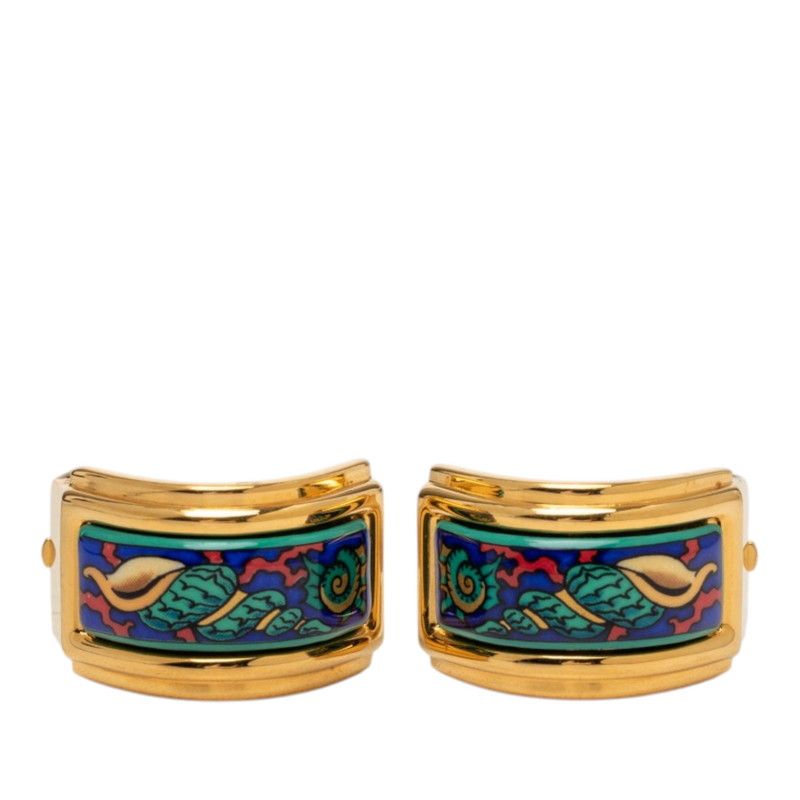 Hermes Enamel Cloisonne Earrings Gold Multicolor Plated