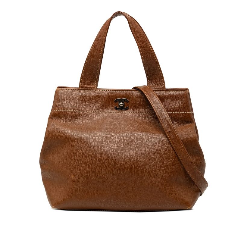 Chanel CC Logo Turnlock 2-Way Shoulder Bag Brown Caviar Leather