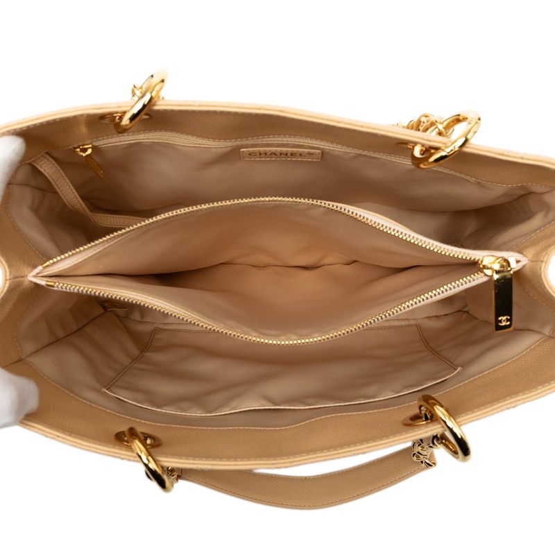 Chanel CC Logo Grand Shopping Tote GST Chain Shoulder Bag Beige Caviar Leather — view 4