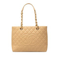 Chanel CC Logo Grand Shopping Tote GST Chain Shoulder Bag Beige Caviar Leather