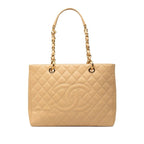 Chanel CC Logo Grand Shopping Tote GST Chain Shoulder Bag Beige Caviar Leather