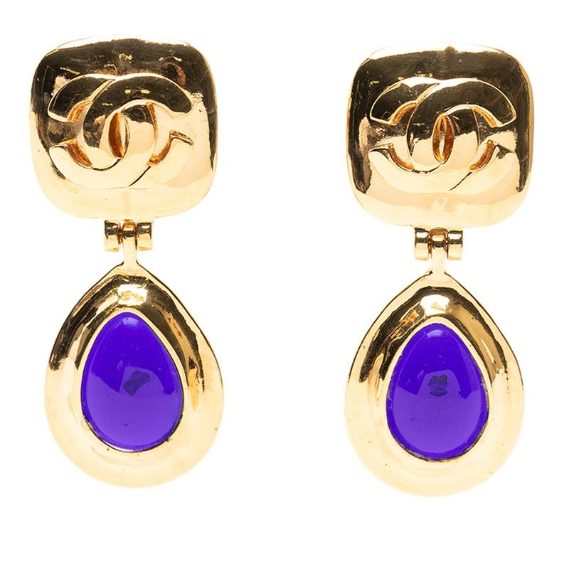 Chanel Vintage CC Logo Earrings Gold Blue Plated Stone