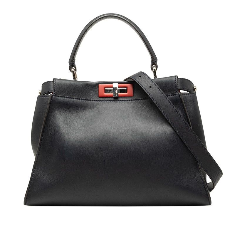Fendi Peekaboo Regular 2-Way Shoulder Bag Navy Red Leather