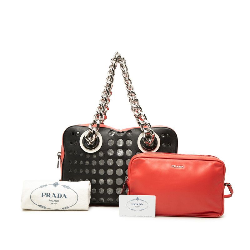 Prada City Fori Perforated Tote Black Red Leather — view 6