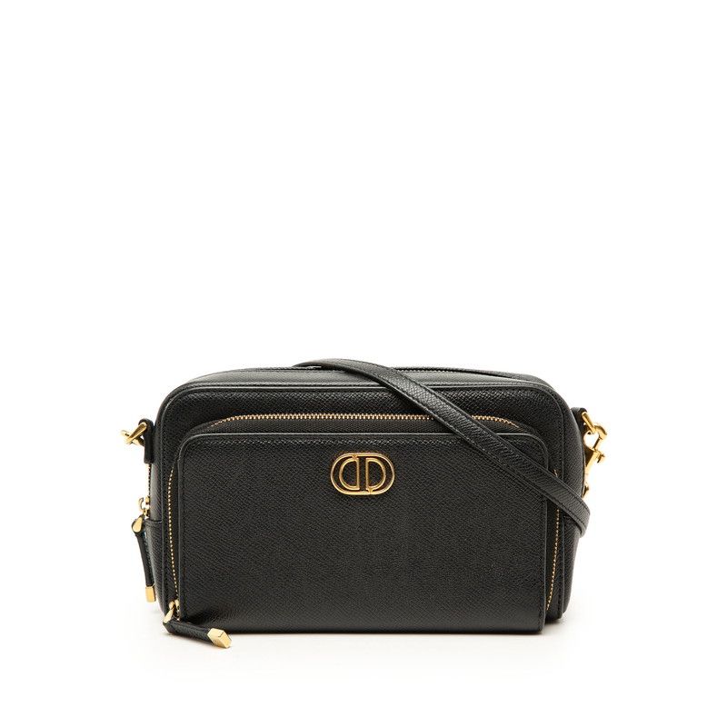Dior Caro Double Pouch CD Logo Shoulder Bag 2-Way Black Leather