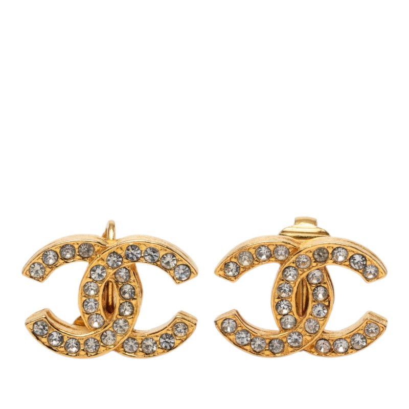 Chanel CC Logo Earrings Gold Plated Rhinestone
