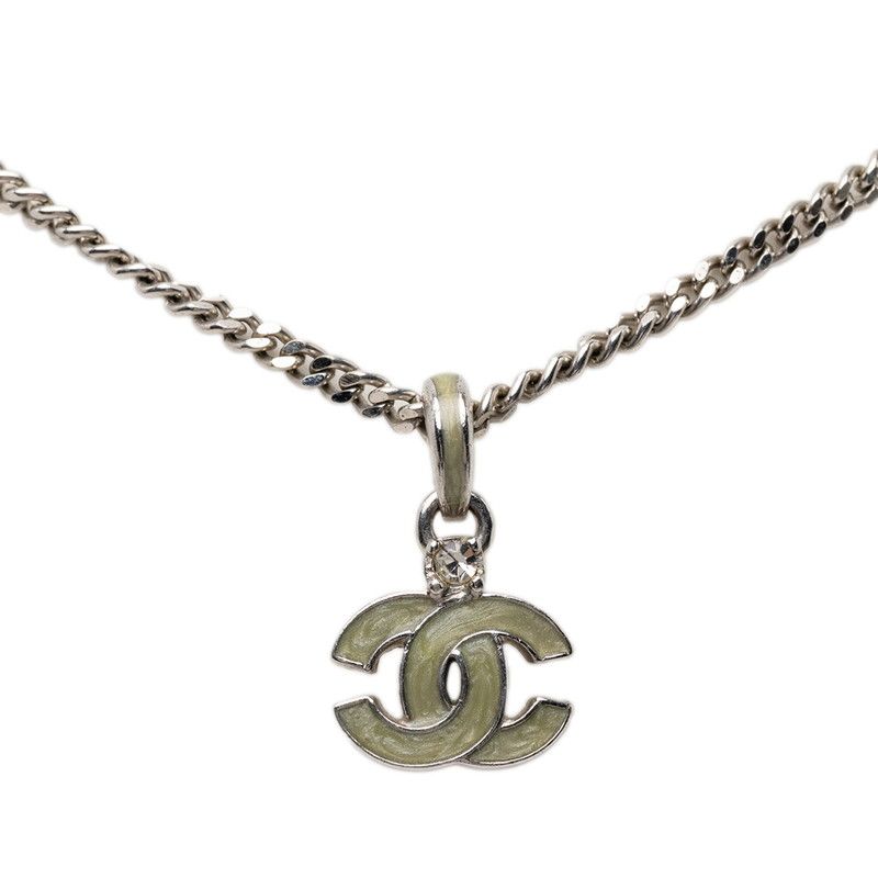 Chanel CC Logo Pendant Silver Green Metal Rhinestone