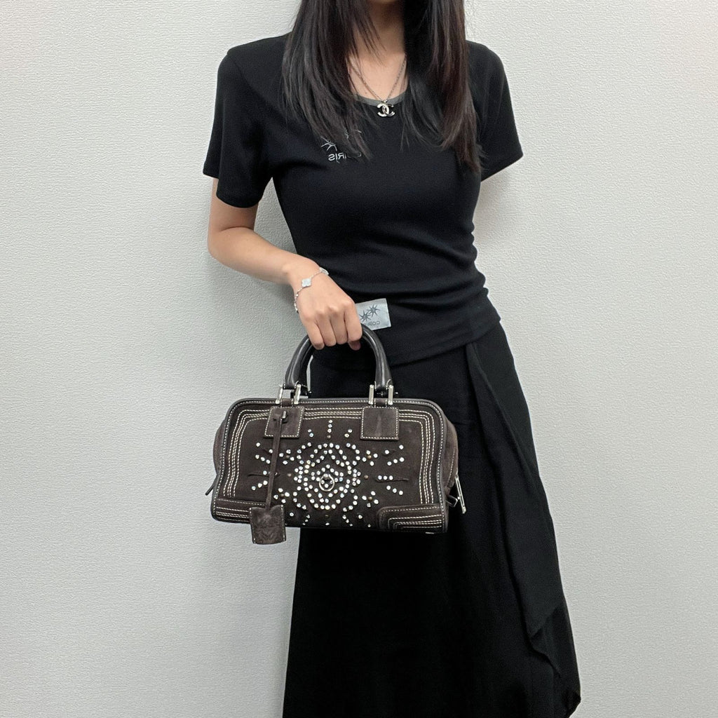 Loewe Amazona Studs Handbag Suede Brown Silver Vintage