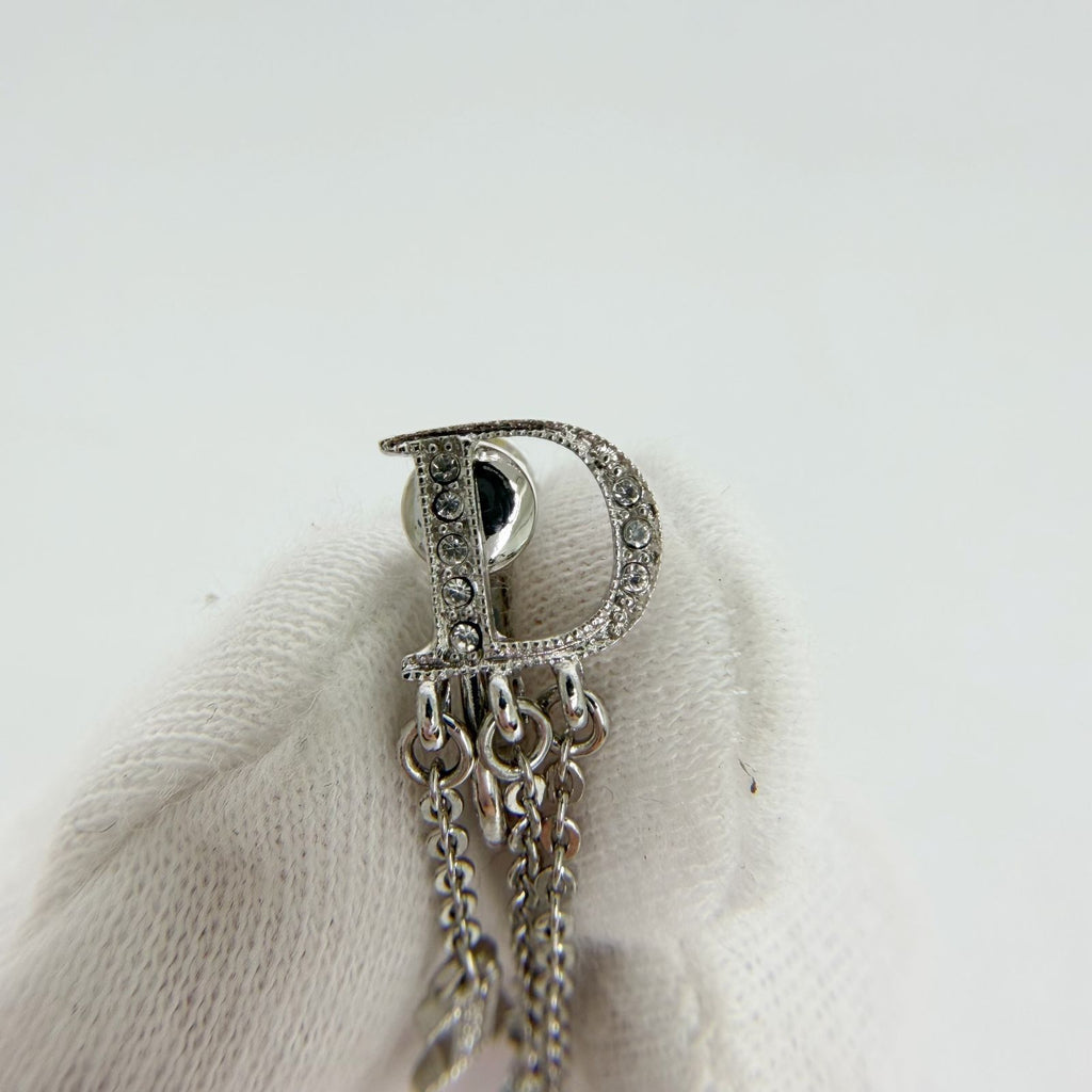 Dior Logo Letter Charm Earrings Plated Rhinestone Silver Clear Vintage — view 2