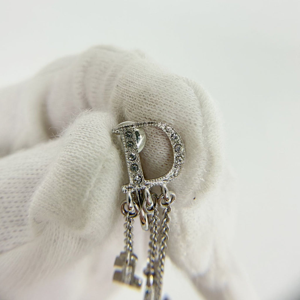 Dior Logo Letter Charm Earrings Plated Rhinestone Silver Clear Vintage — view 7