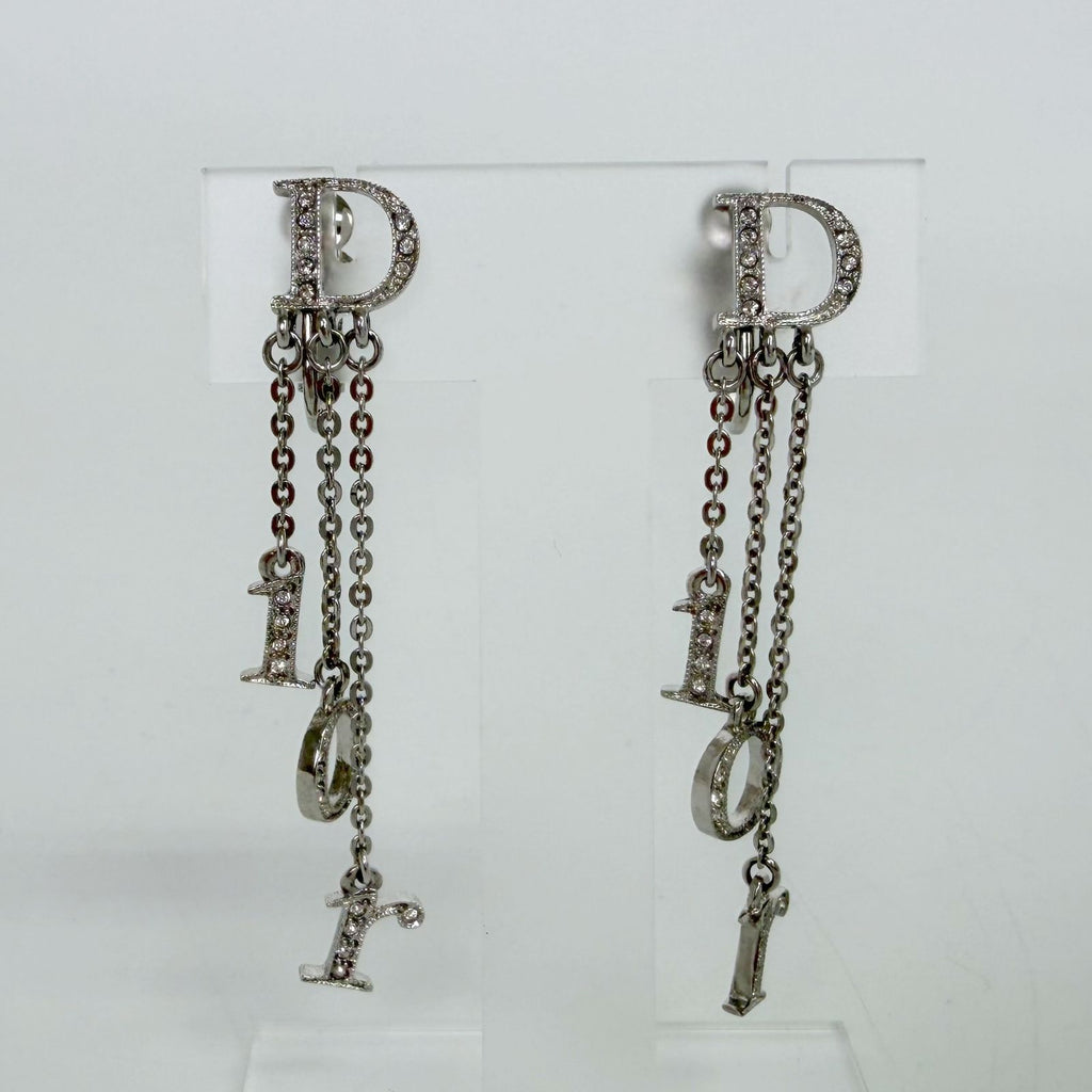 Dior Logo Letter Charm Earrings Plated Rhinestone Silver Clear Vintage